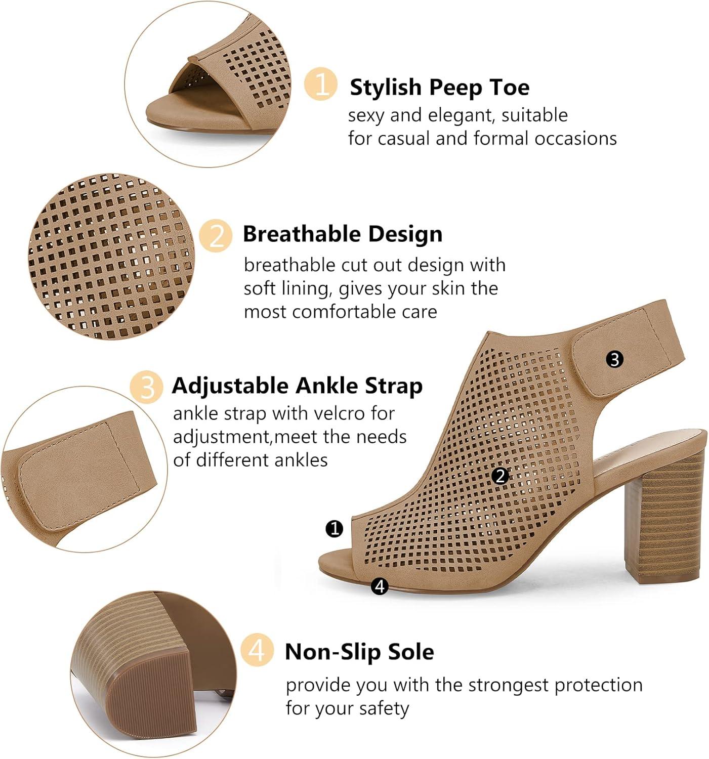 image:imageCoutgo Heels for Women Open Toe Boots Cutout Ankle Strap High Heel Chunky Block SandalsTan
