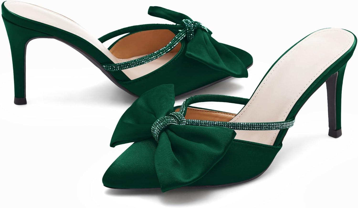 image:imageCoutgo Womens Bow Heels Mules Pointed Closed Toe Sandals Rhinestone Satin Backless Wedding ShoesDark Green