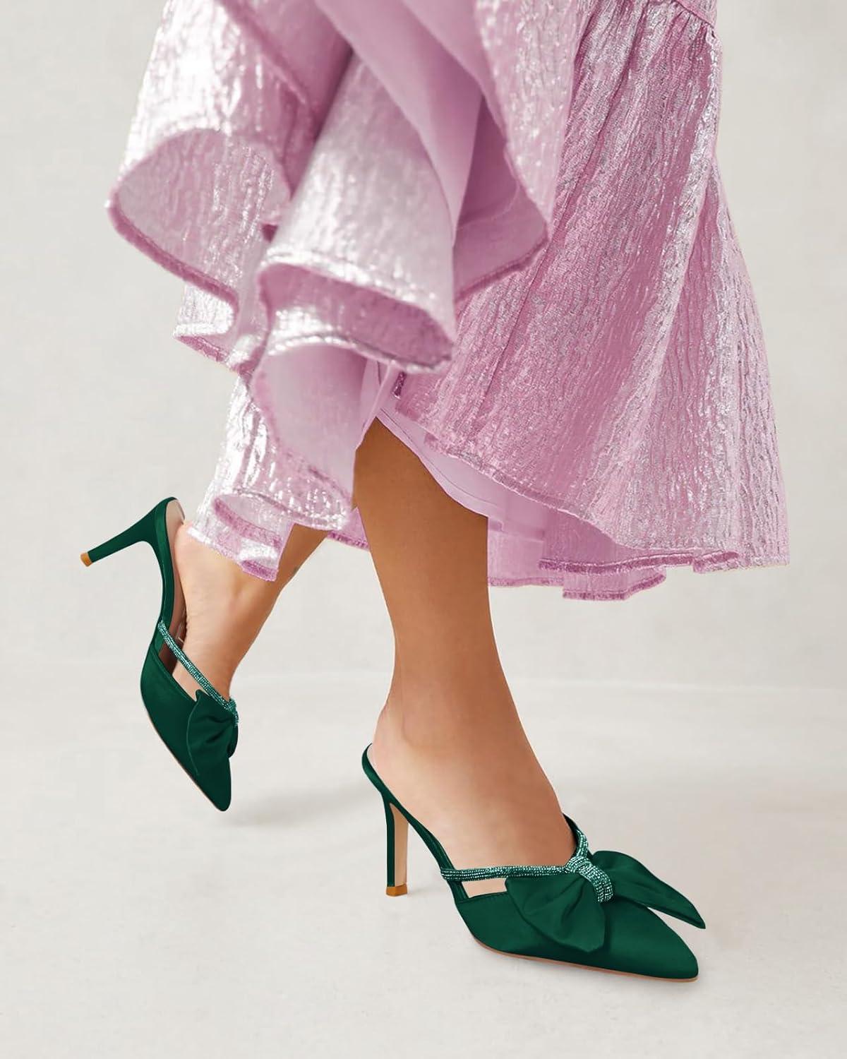 image:imageCoutgo Womens Bow Heels Mules Pointed Closed Toe Sandals Rhinestone Satin Backless Wedding ShoesDark Green