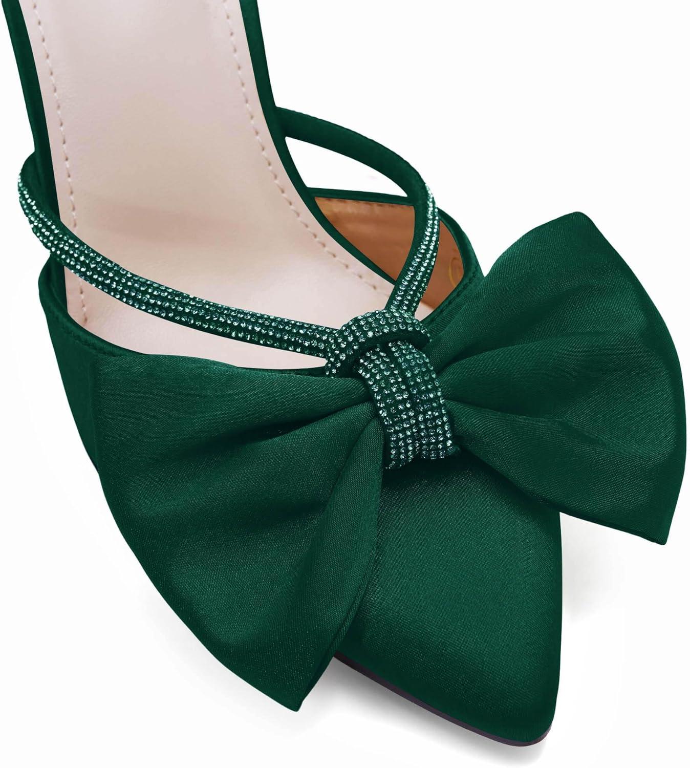 image:imageCoutgo Womens Bow Heels Mules Pointed Closed Toe Sandals Rhinestone Satin Backless Wedding ShoesDark Green