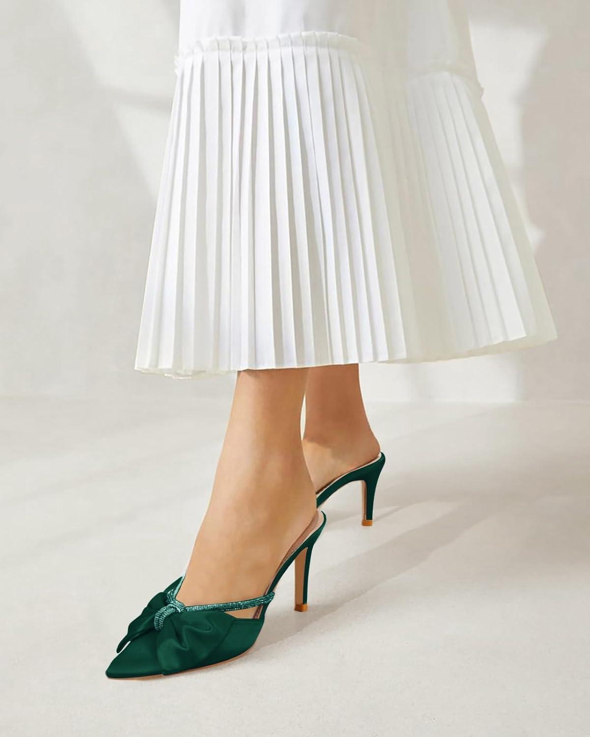 image:imageCoutgo Womens Bow Heels Mules Pointed Closed Toe Sandals Rhinestone Satin Backless Wedding ShoesDark Green