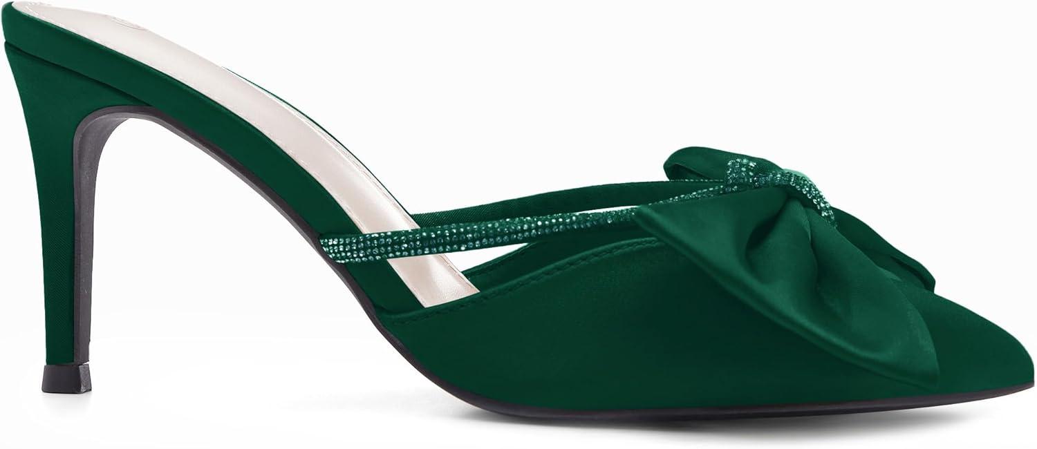 image:imageCoutgo Womens Bow Heels Mules Pointed Closed Toe Sandals Rhinestone Satin Backless Wedding ShoesDark Green