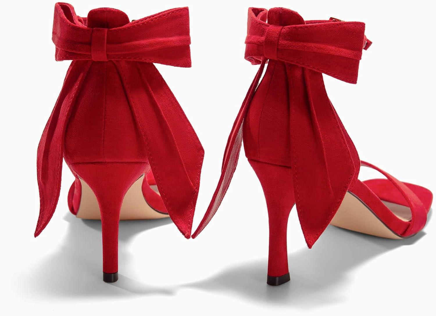 image:imageCoutgo Womens Bow Tie High Heels One Strap Heeled Sandals Sexy Stiletto Open Toe Wedding Bride ShoesRed