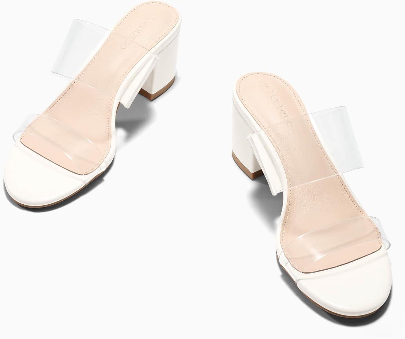 image:imageCoutgo Womens Clear Heeled Sandals Transparent Two Strap Chunky Block Heels Mules Open Toe Slip On Dress ShoesWhite