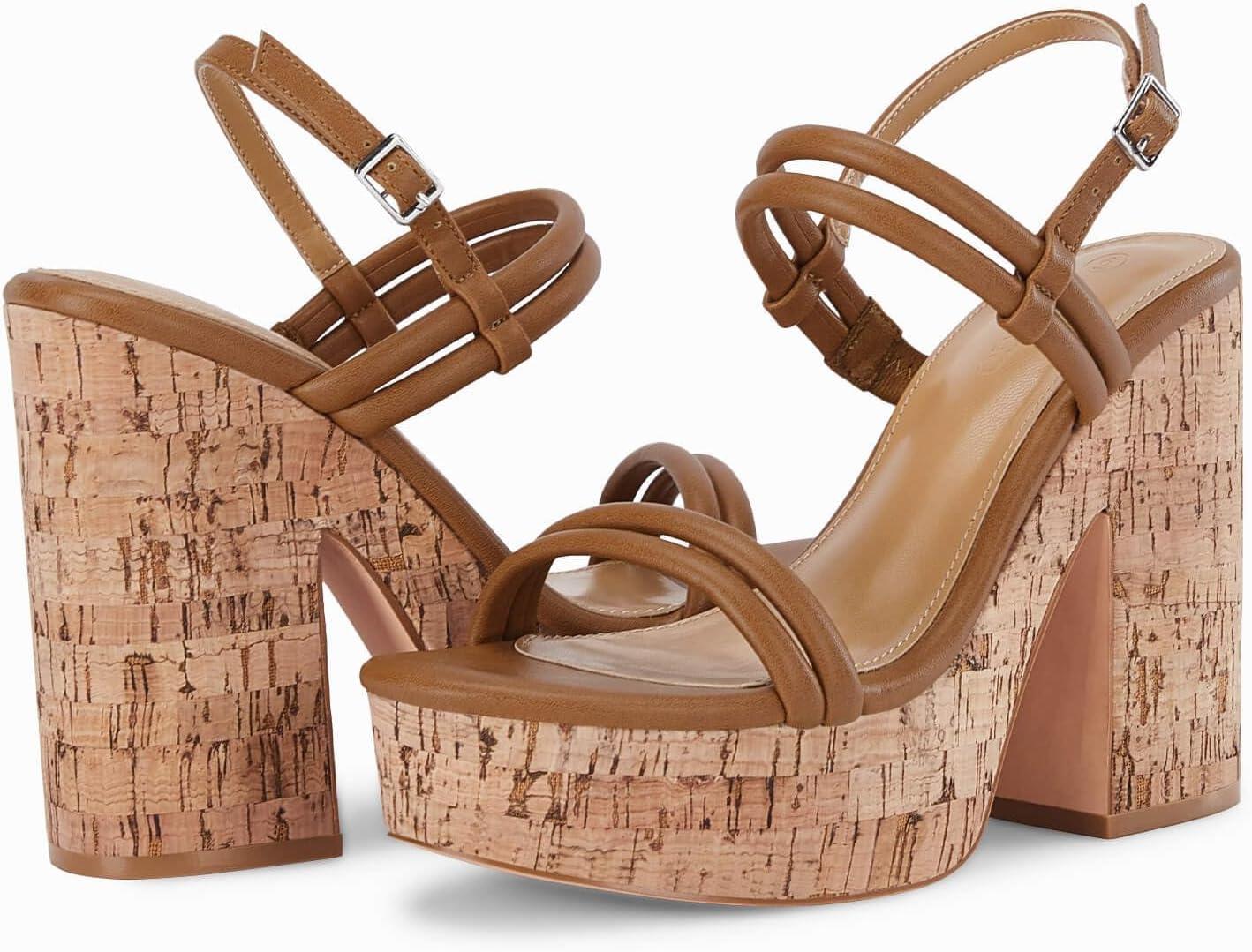 image:imageCoutgo Womens Cork Wedge Sandals Heels Open Toe High Heel Platform Slingback Ankle Strap Buckle Summer Dressy ShoesBrown
