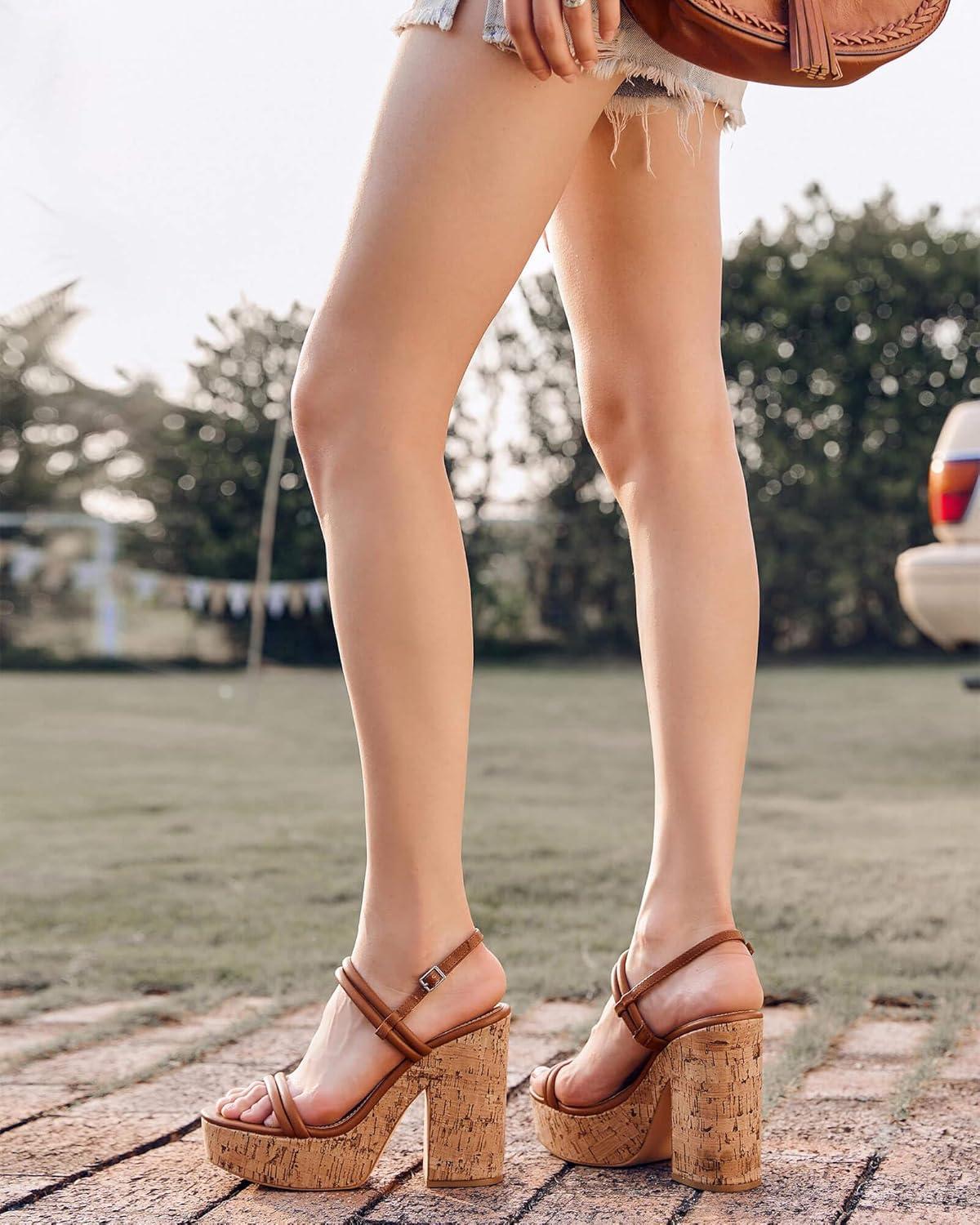 image:imageCoutgo Womens Cork Wedge Sandals Heels Open Toe High Heel Platform Slingback Ankle Strap Buckle Summer Dressy ShoesBrown