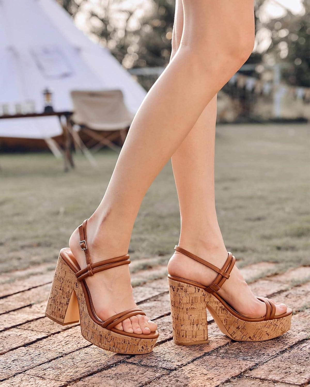 image:imageCoutgo Womens Cork Wedge Sandals Heels Open Toe High Heel Platform Slingback Ankle Strap Buckle Summer Dressy ShoesBrown