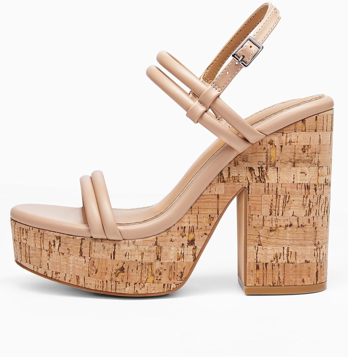 image:imageCoutgo Womens Cork Wedge Sandals Heels Open Toe High Heel Platform Slingback Ankle Strap Buckle Summer Dressy ShoesKhaki