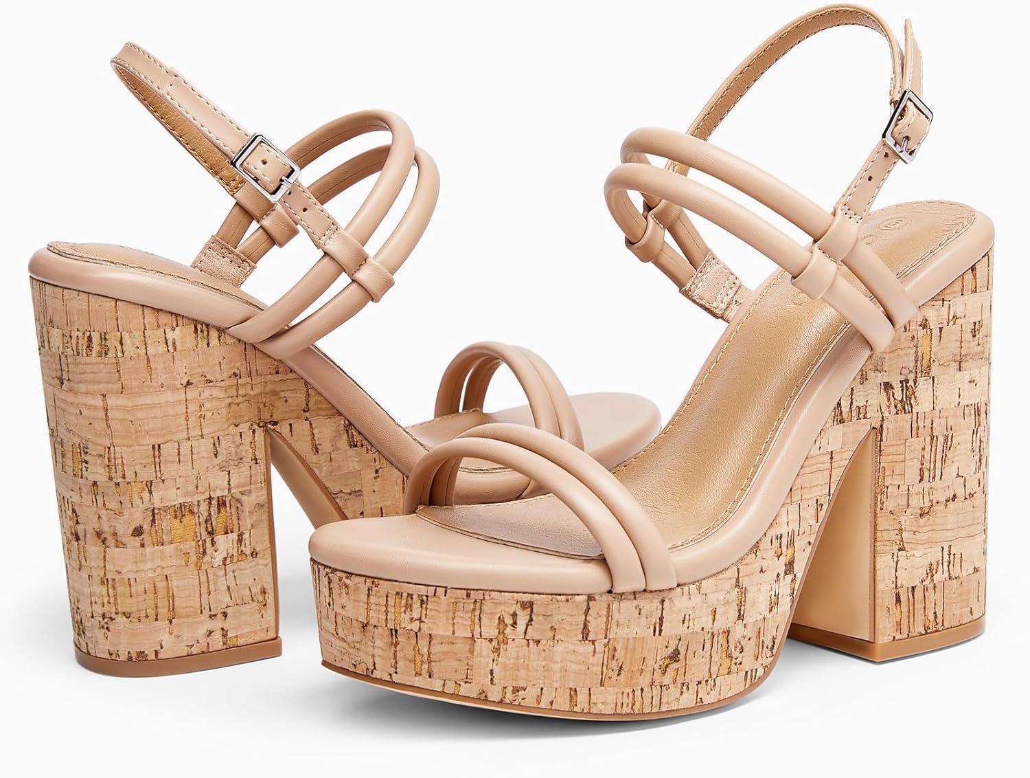 image:imageCoutgo Womens Cork Wedge Sandals Heels Open Toe High Heel Platform Slingback Ankle Strap Buckle Summer Dressy ShoesKhaki