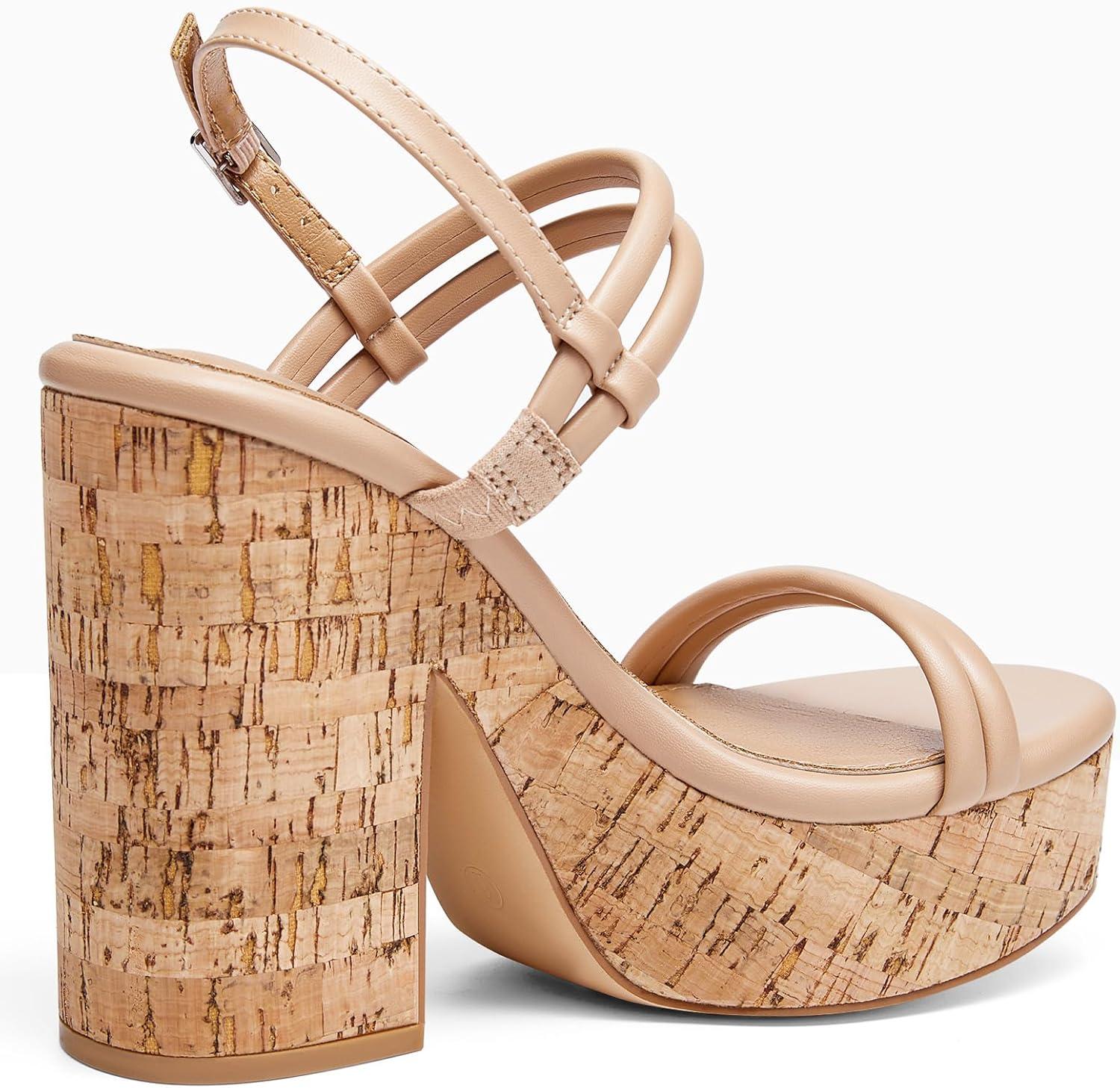 image:imageCoutgo Womens Cork Wedge Sandals Heels Open Toe High Heel Platform Slingback Ankle Strap Buckle Summer Dressy ShoesKhaki