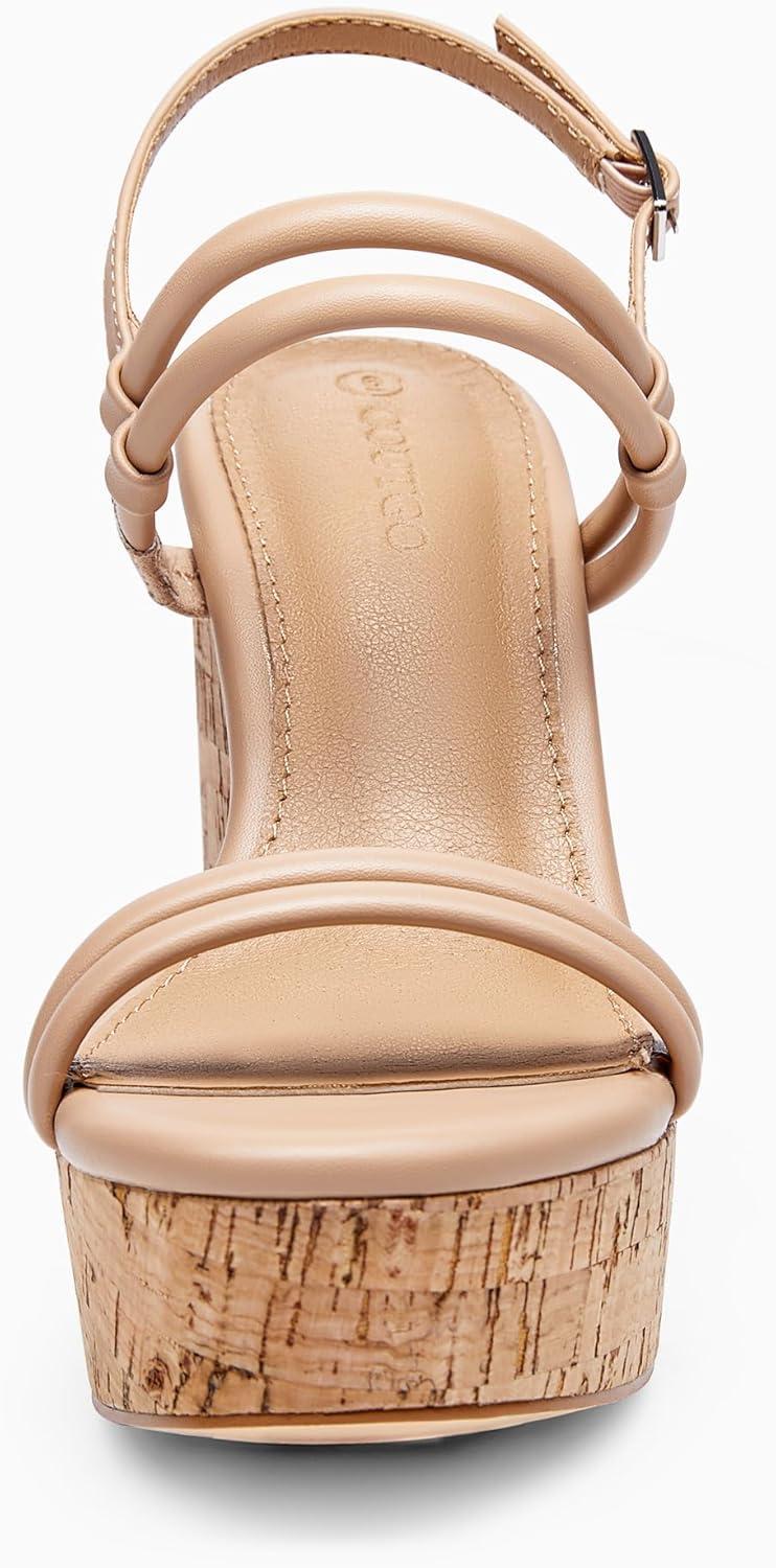 image:imageCoutgo Womens Cork Wedge Sandals Heels Open Toe High Heel Platform Slingback Ankle Strap Buckle Summer Dressy ShoesKhaki