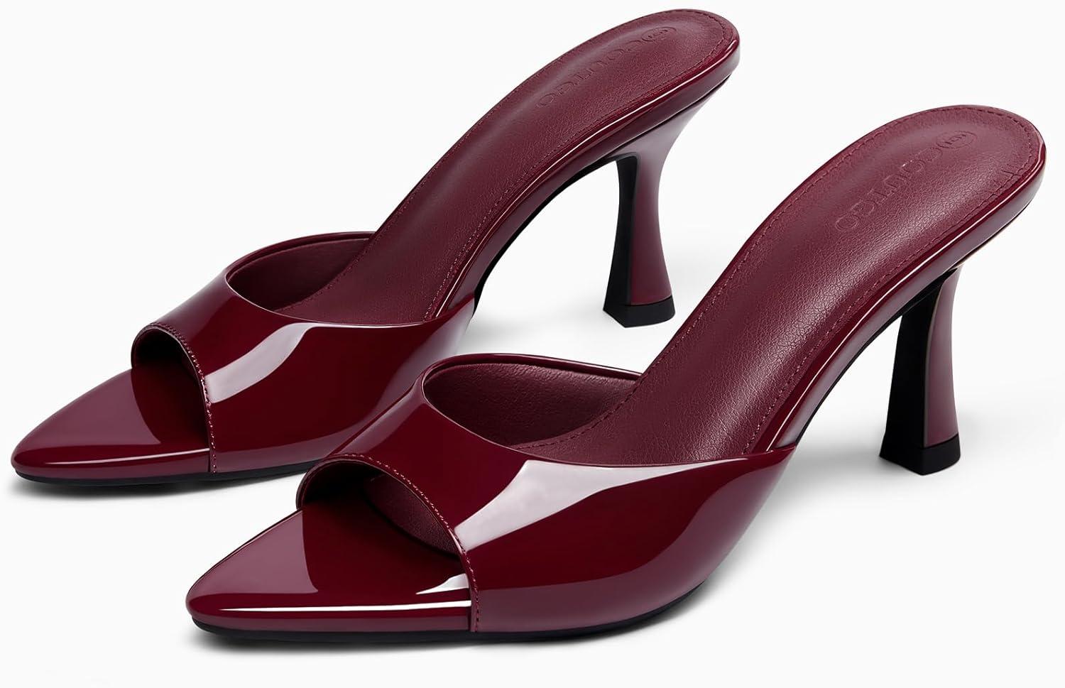 image:imageCoutgo Womens Heeled Mules Pointed Peep Toe High Heels Slip On Backless Mule Sandals Dress ShoesBurgundy