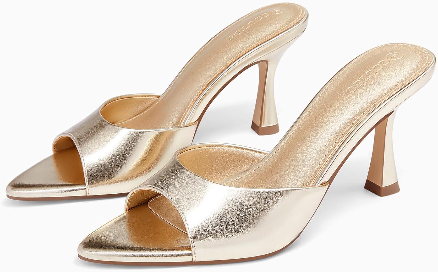 image:imageCoutgo Womens Heeled Mules Pointed Peep Toe High Heels Slip On Backless Mule Sandals Dress ShoesGold