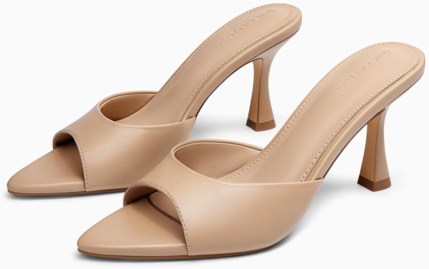 image:imageCoutgo Womens Heeled Mules Pointed Peep Toe High Heels Slip On Backless Mule Sandals Dress ShoesKhaki Pu