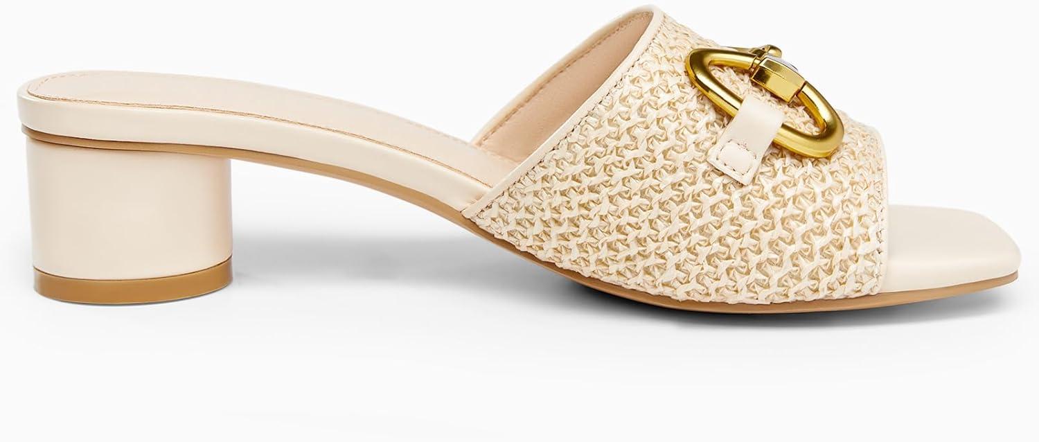 image:imageCoutgo Womens Heeled Slides Sandals Square Open Toe Chunky Block Low Heel Metal Chain Dressy ShoesApricot