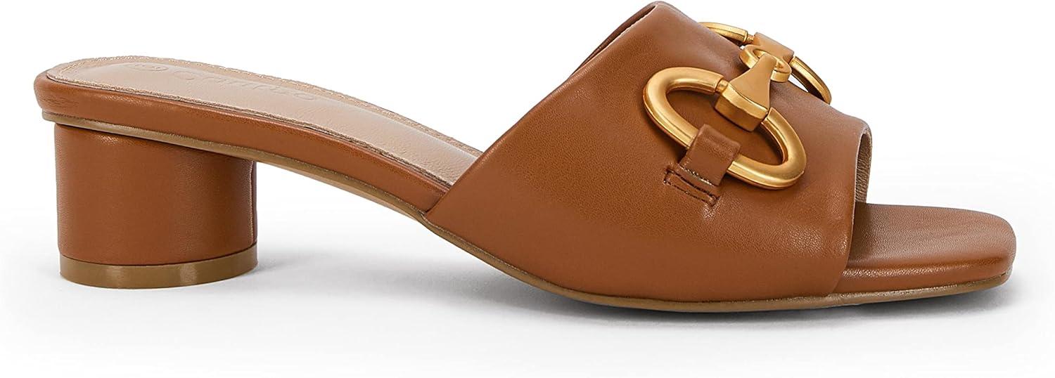 image:imageCoutgo Womens Heeled Slides Sandals Square Open Toe Chunky Block Low Heel Metal Chain Dressy ShoesBrown