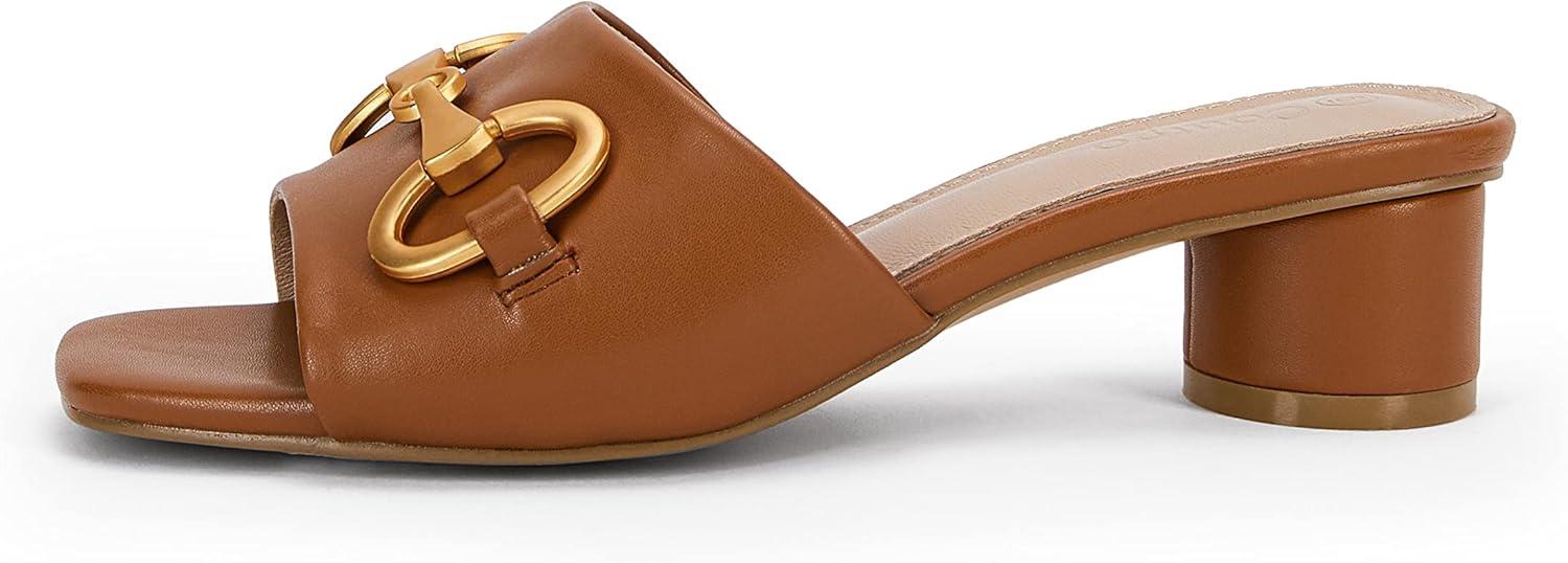 image:imageCoutgo Womens Heeled Slides Sandals Square Open Toe Chunky Block Low Heel Metal Chain Dressy ShoesBrown