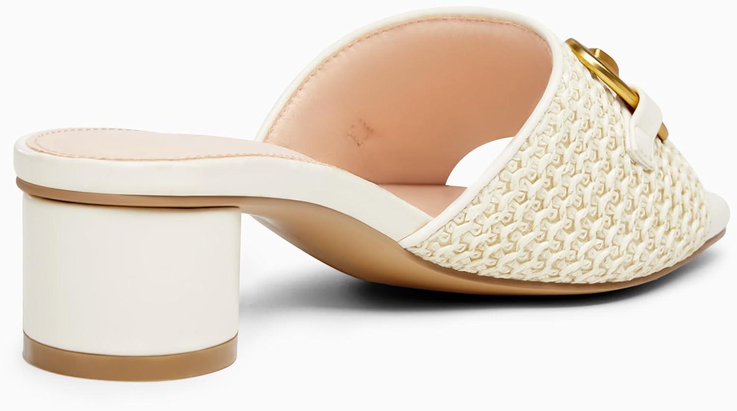 image:imageCoutgo Womens Heeled Slides Sandals Square Open Toe Chunky Block Low Heel Metal Chain Dressy ShoesCream White