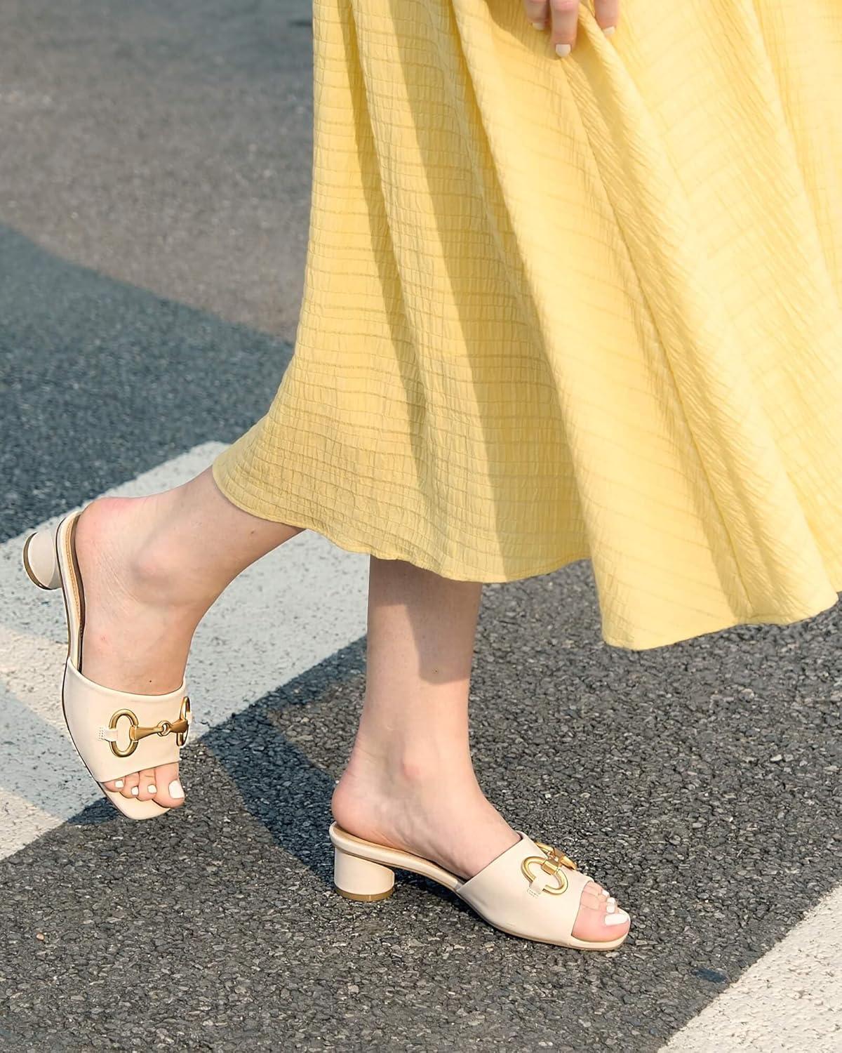 image:imageCoutgo Womens Heeled Slides Sandals Square Open Toe Chunky Block Low Heel Metal Chain Dressy ShoesNude