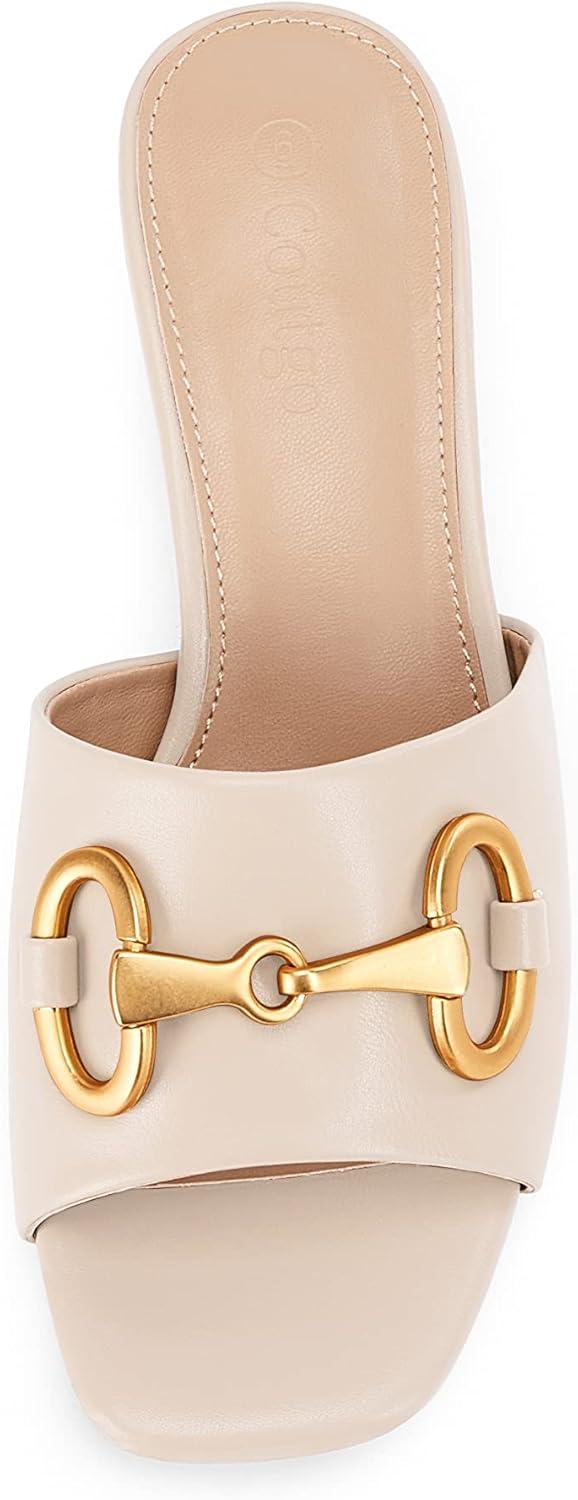 image:imageCoutgo Womens Heeled Slides Sandals Square Open Toe Chunky Block Low Heel Metal Chain Dressy ShoesNude