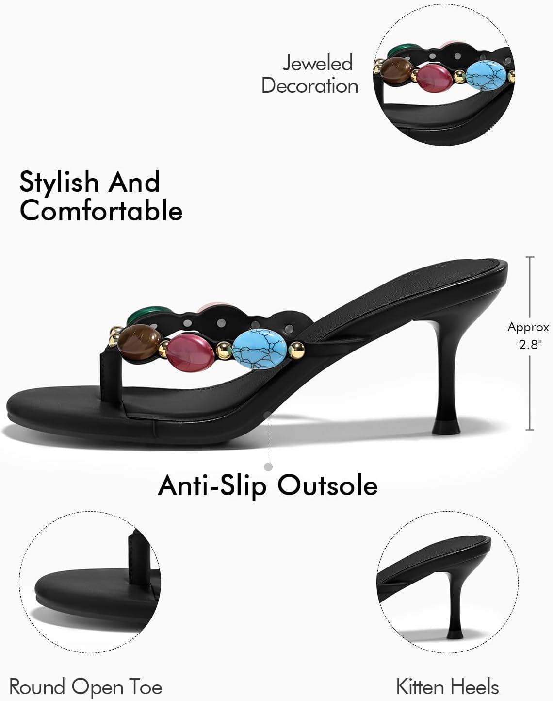 image:imageCoutgo Womens Jeweled Heeled Sandals Kitten Heel Starppy Flip Flop Backless Open Toe Slides Boho Summer Vacation Beach ShoesBlack
