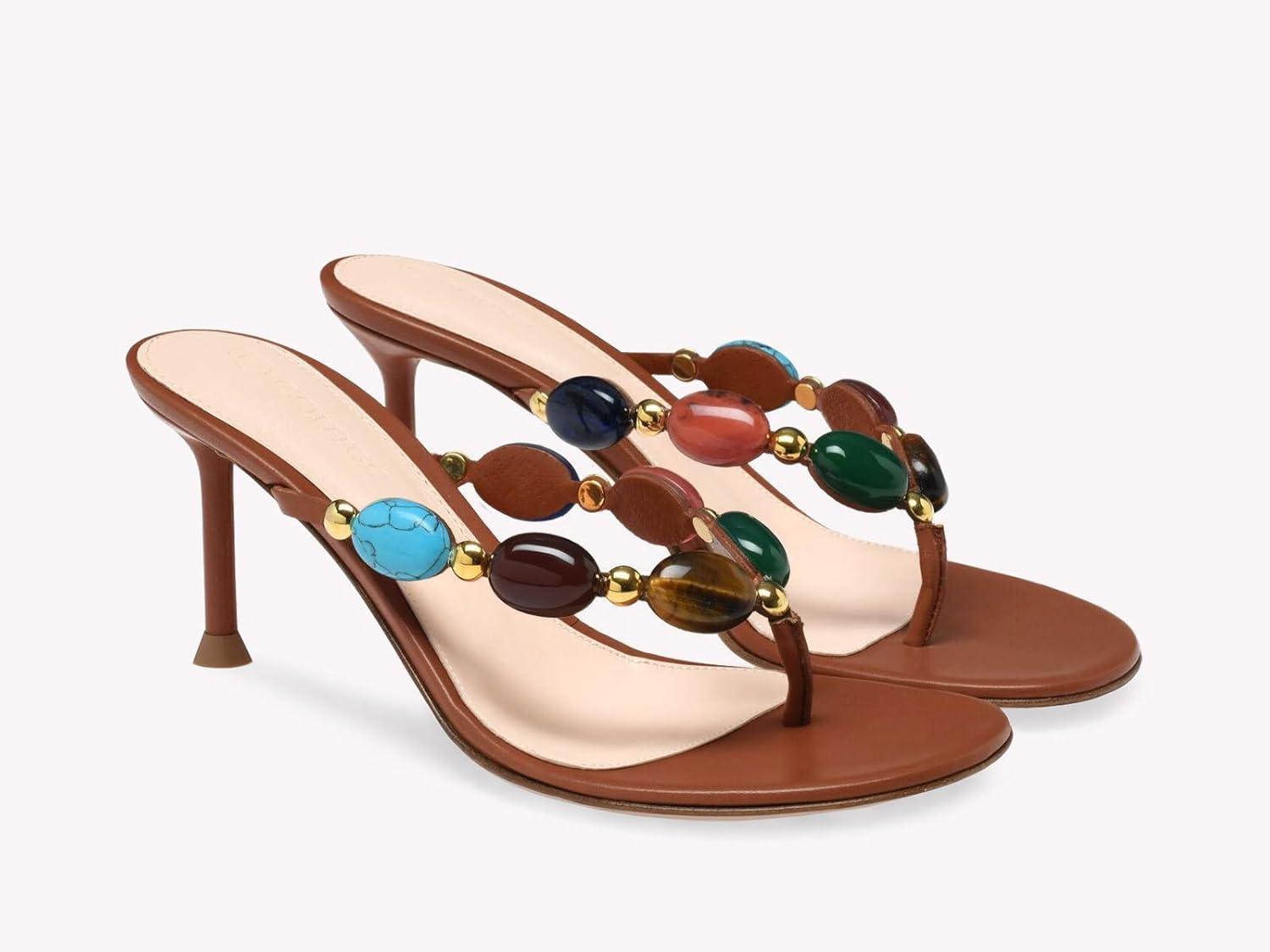 image:imageCoutgo Womens Jeweled Heeled Sandals Kitten Heel Starppy Flip Flop Backless Open Toe Slides Boho Summer Vacation Beach ShoesDark Brown