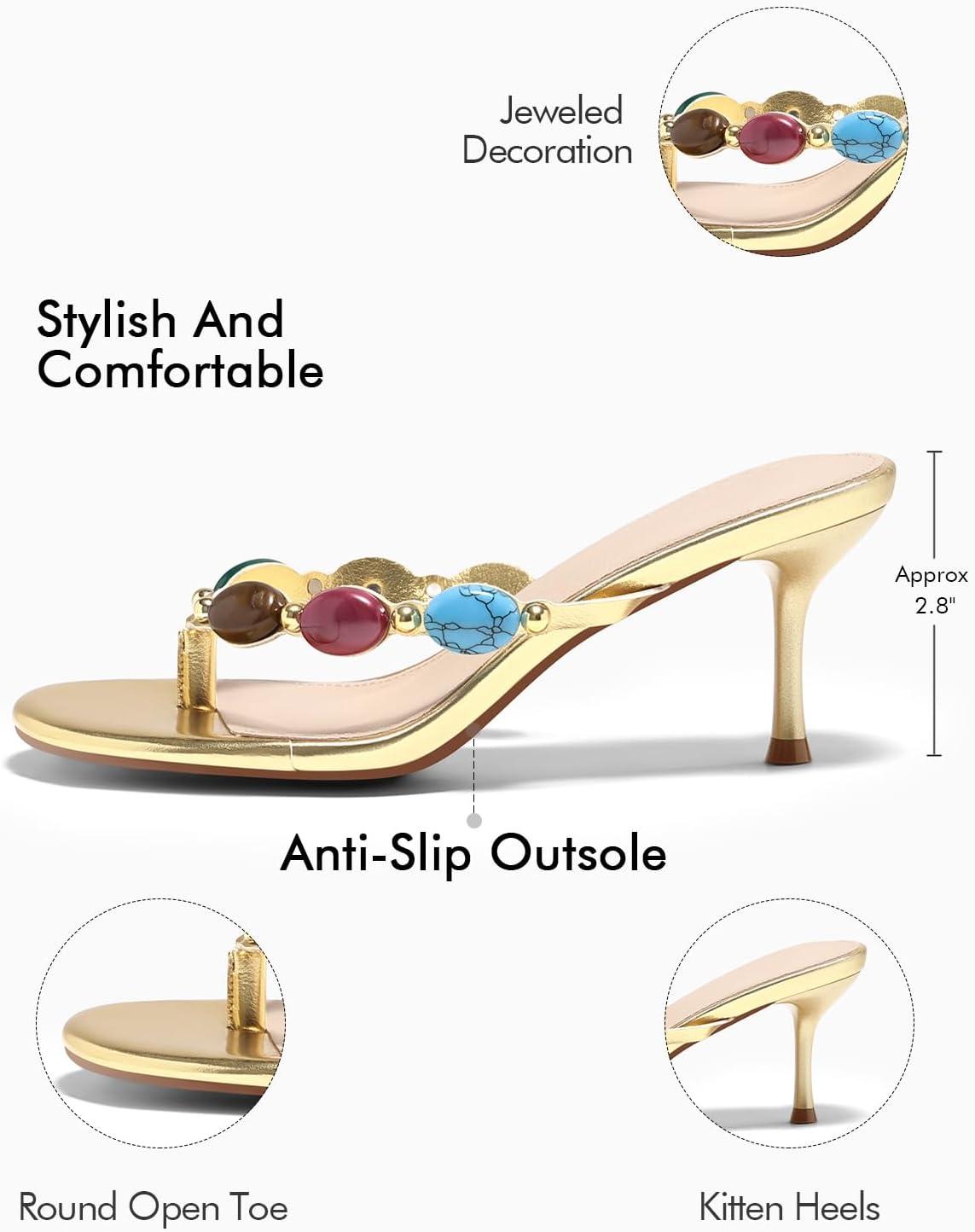 image:imageCoutgo Womens Jeweled Heeled Sandals Kitten Heel Starppy Flip Flop Backless Open Toe Slides Boho Summer Vacation Beach ShoesGold