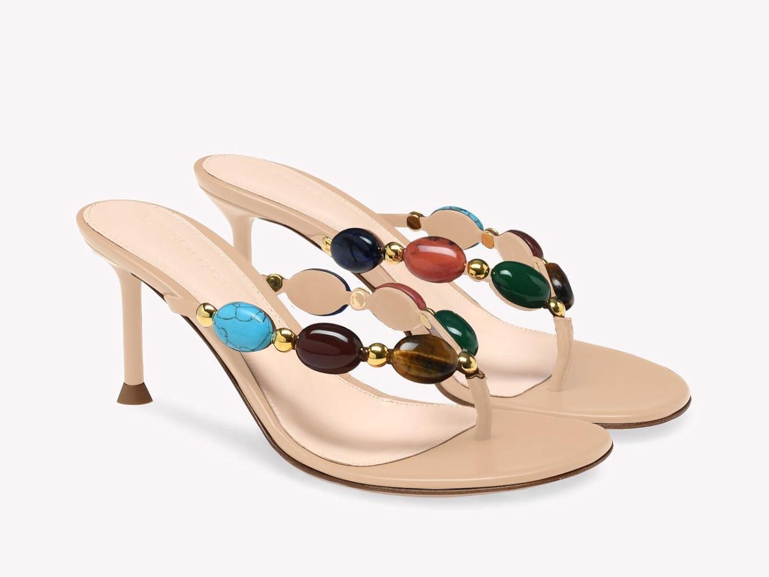image:imageCoutgo Womens Jeweled Heeled Sandals Kitten Heel Starppy Flip Flop Backless Open Toe Slides Boho Summer Vacation Beach ShoesKhaki