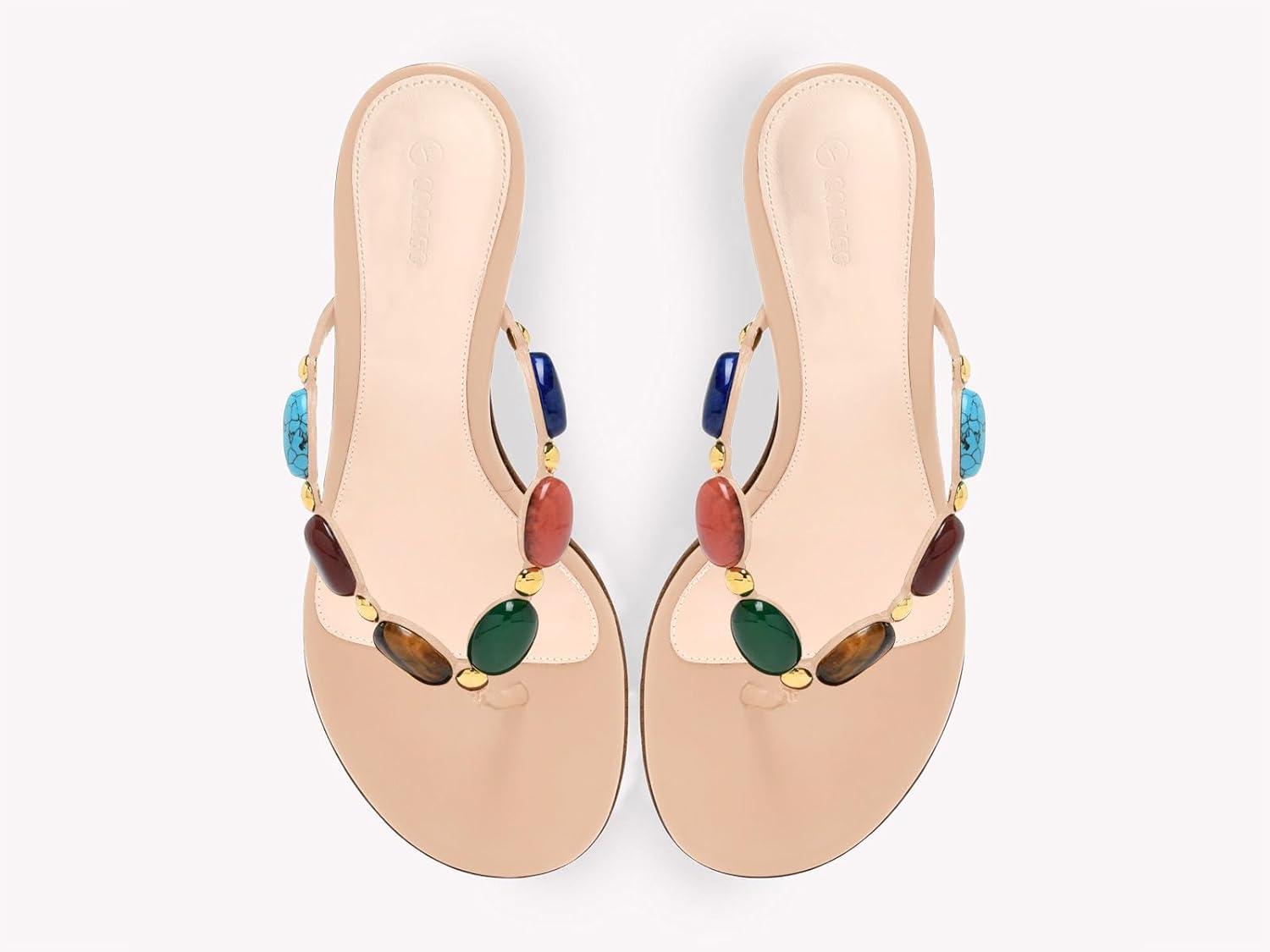 image:imageCoutgo Womens Jeweled Heeled Sandals Kitten Heel Starppy Flip Flop Backless Open Toe Slides Boho Summer Vacation Beach ShoesKhaki