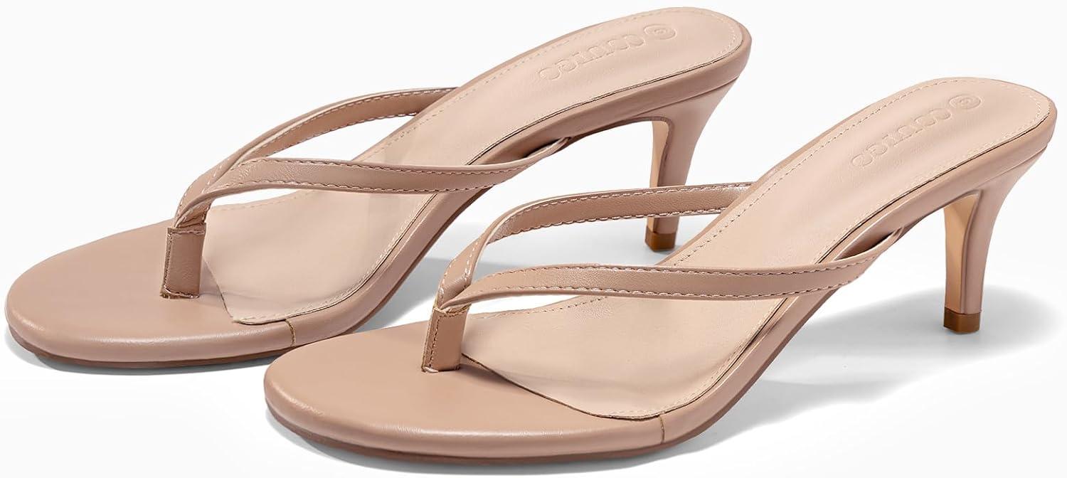 image:imageCoutgo Womens Kitten Heels Flip Flops Thong Heeled Sandals Round Open Toe Comfortable Summer Beach ShoesLight Brown