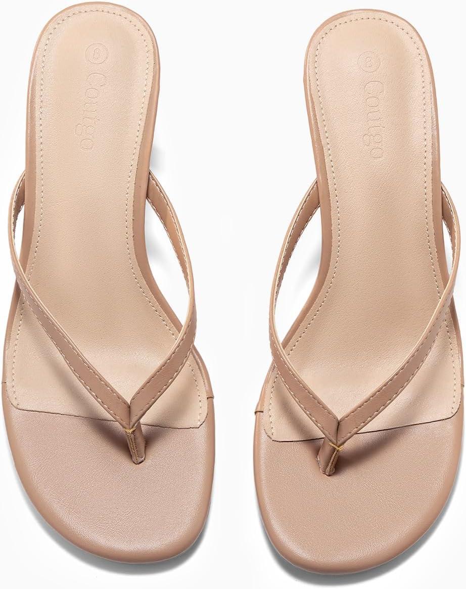image:imageCoutgo Womens Kitten Heels Flip Flops Thong Heeled Sandals Round Open Toe Comfortable Summer Beach ShoesLight Brown