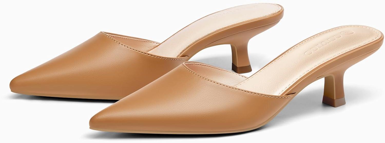 image:imageCoutgo Womens Kitten Low Heels Mules Closed Pointed Toe Pumps Slip On Backless Dress ShoesBrown
