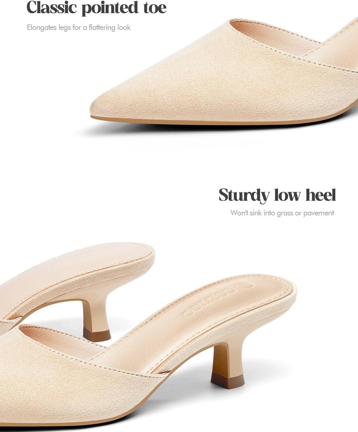 image:imageCoutgo Womens Kitten Low Heels Mules Closed Pointed Toe Pumps Slip On Backless Dress ShoesSuede Beige