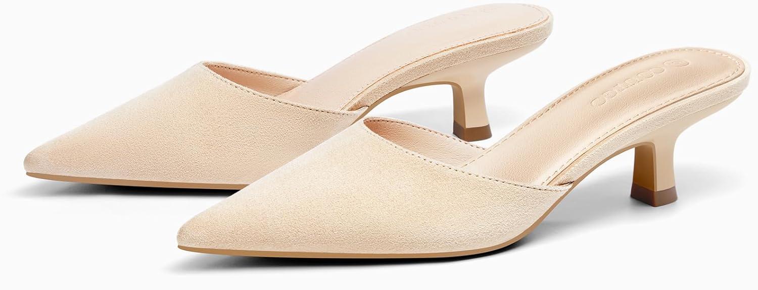 image:imageCoutgo Womens Kitten Low Heels Mules Closed Pointed Toe Pumps Slip On Backless Dress ShoesSuede Beige