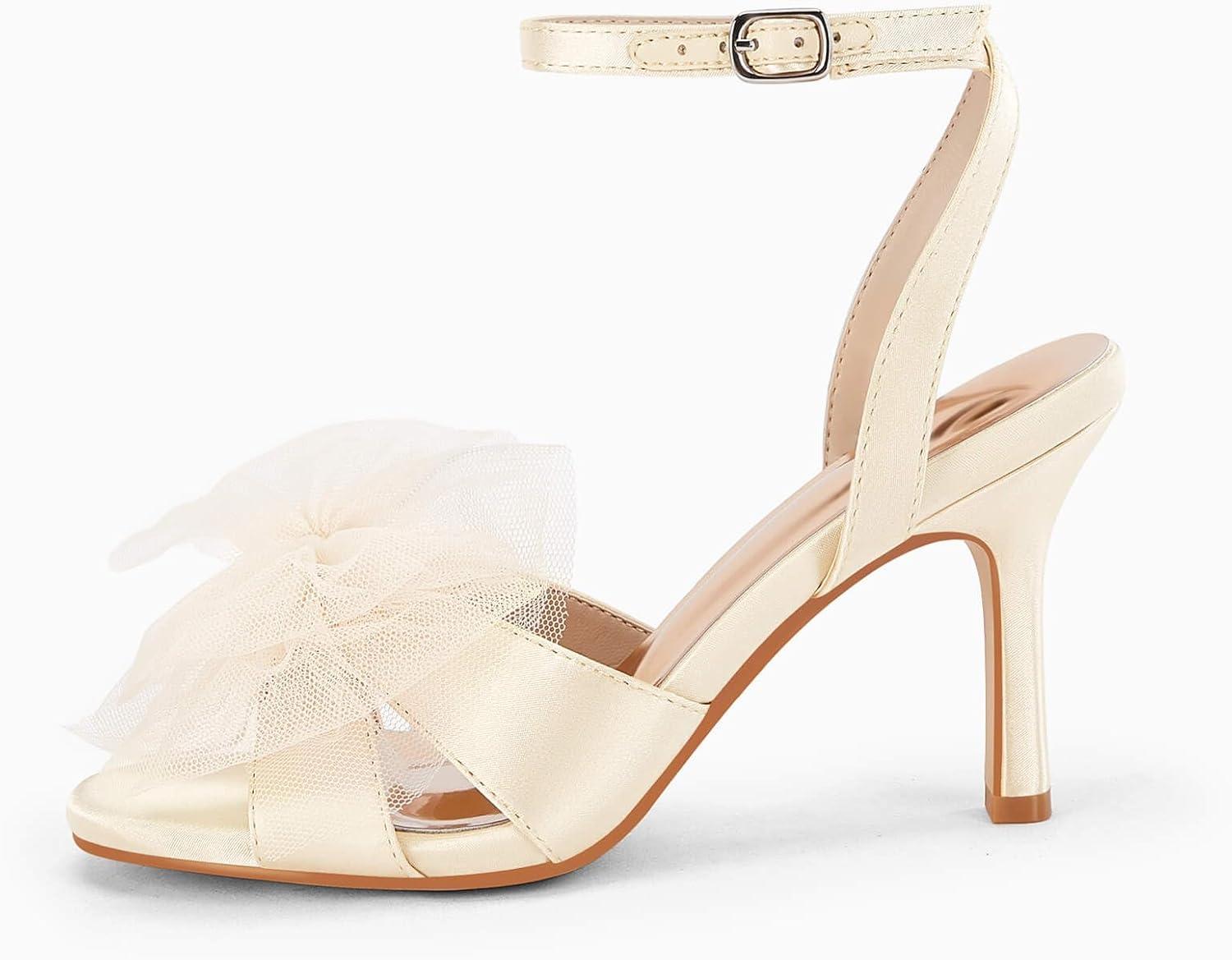 image:imageCoutgo Womens Lace Bow Heels Sandals Open Square Toe Stiletto High Heel Ankle Strap Bride Wedding Dress ShoesChampagne Gold