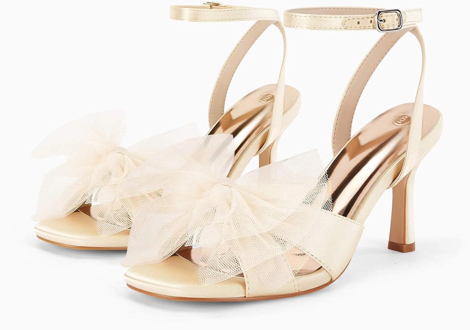 image:imageCoutgo Womens Lace Bow Heels Sandals Open Square Toe Stiletto High Heel Ankle Strap Bride Wedding Dress ShoesChampagne Gold