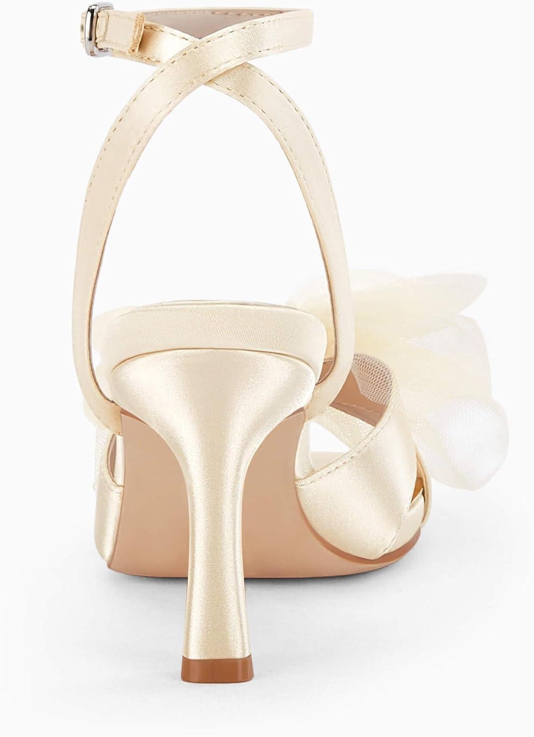 image:imageCoutgo Womens Lace Bow Heels Sandals Open Square Toe Stiletto High Heel Ankle Strap Bride Wedding Dress ShoesChampagne Gold
