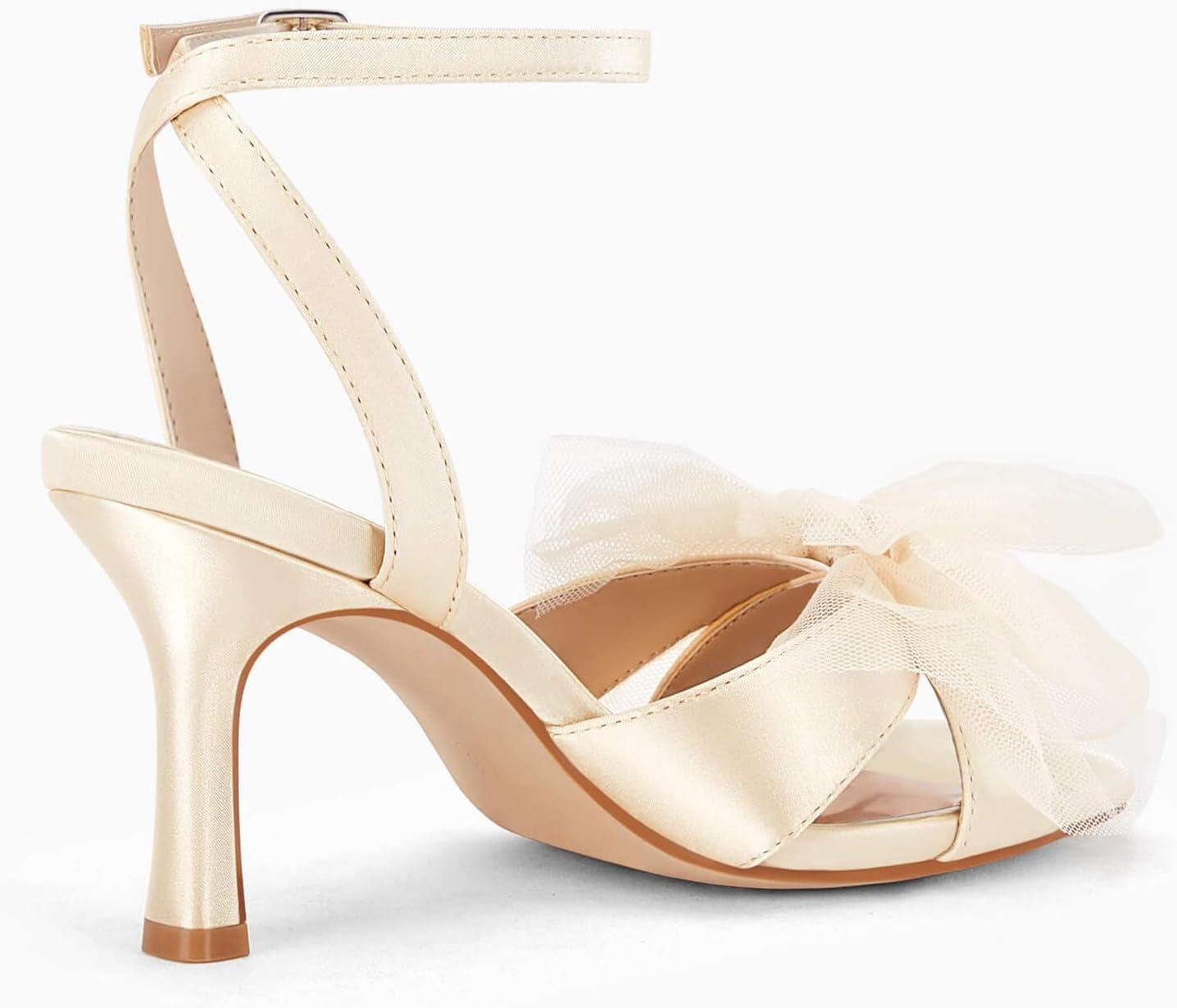 image:imageCoutgo Womens Lace Bow Heels Sandals Open Square Toe Stiletto High Heel Ankle Strap Bride Wedding Dress ShoesChampagne Gold