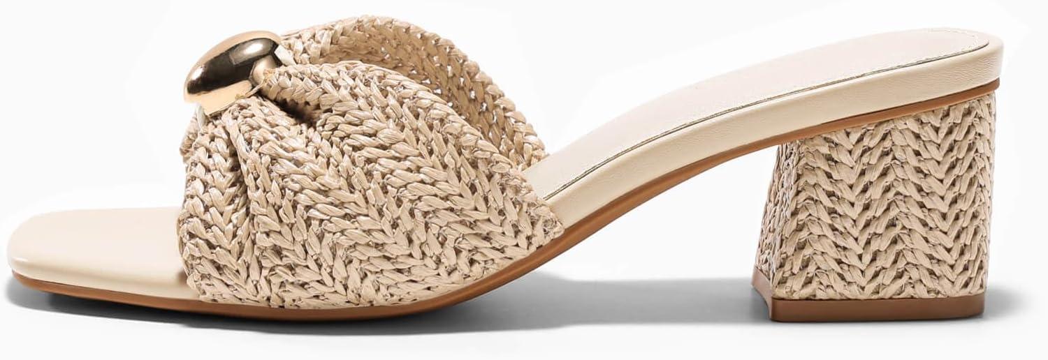 image:imageCoutgo Womens Low Chunky Block Heels Raffia Sandals Square Open Toe Slip On Slides Summer Beach Dress ShoesCream White
