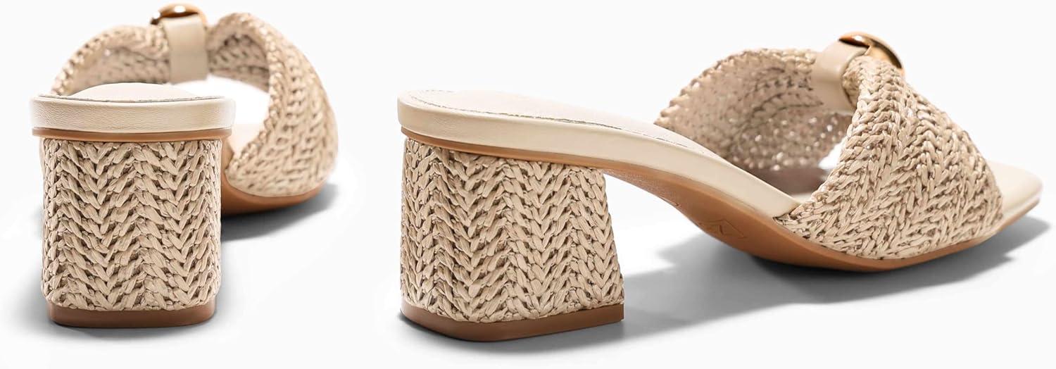 image:imageCoutgo Womens Low Chunky Block Heels Raffia Sandals Square Open Toe Slip On Slides Summer Beach Dress ShoesCream White