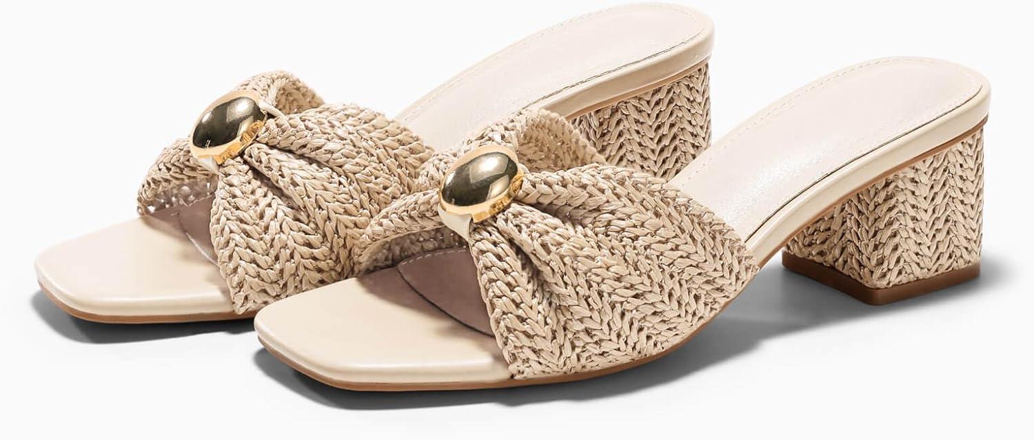 image:imageCoutgo Womens Low Chunky Block Heels Raffia Sandals Square Open Toe Slip On Slides Summer Beach Dress ShoesCream White