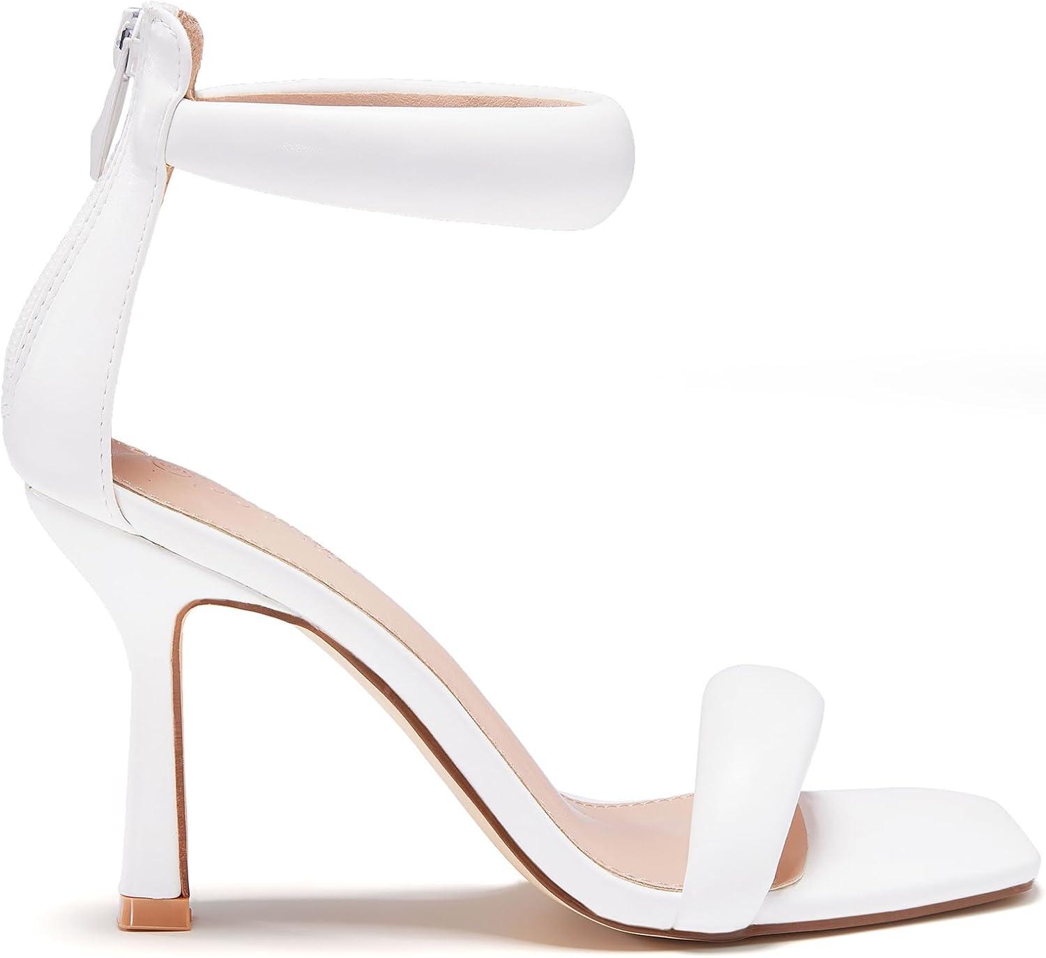 image:imageCoutgo Womens One Strap Heeled Sandals Square Open Toe Stiletto Heels Ankle Buckle Strap Summer Pump ShoesWhite