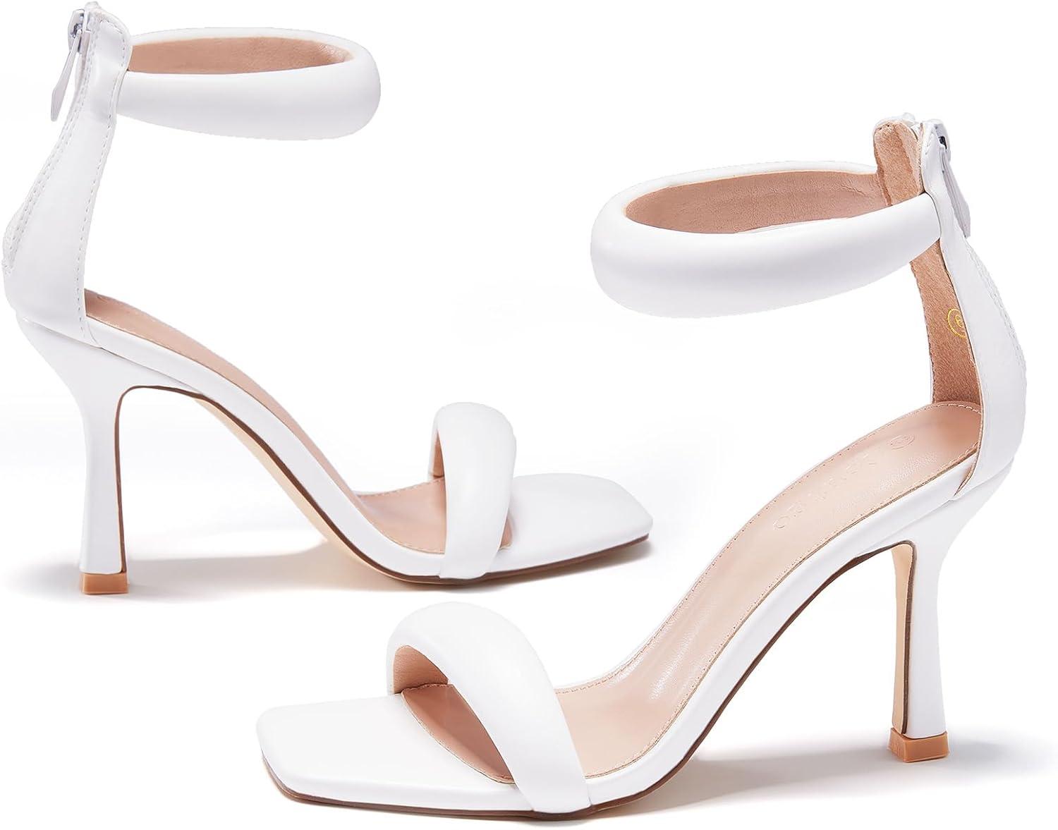 image:imageCoutgo Womens One Strap Heeled Sandals Square Open Toe Stiletto Heels Ankle Buckle Strap Summer Pump ShoesWhite