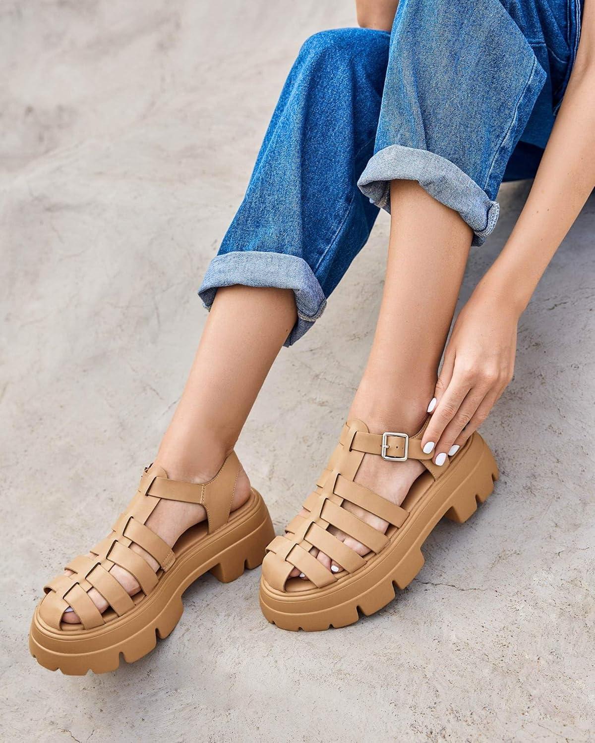 image:imageCoutgo Womens Platform Chunky Heels Sandals Gladiator Ankle Strap Heels Lug Sole Summer Fisherman Y2K ShoesKhaki