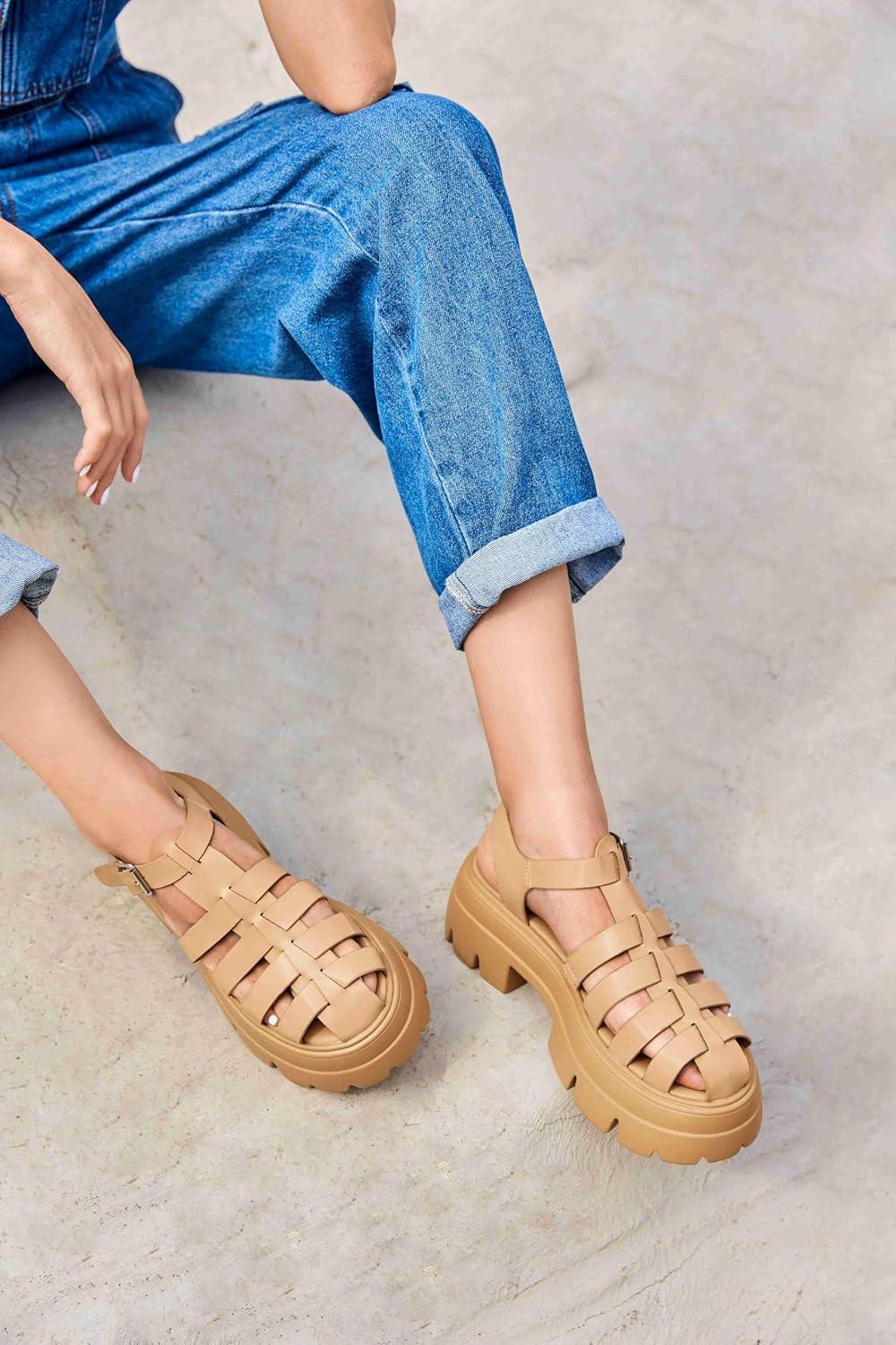 image:imageCoutgo Womens Platform Chunky Heels Sandals Gladiator Ankle Strap Heels Lug Sole Summer Fisherman Y2K ShoesKhaki