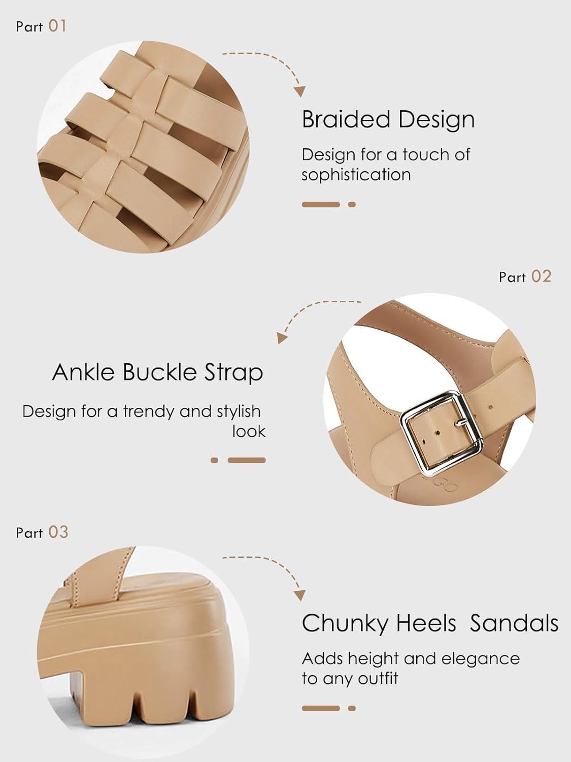 image:imageCoutgo Womens Platform Chunky Heels Sandals Gladiator Ankle Strap Heels Lug Sole Summer Fisherman Y2K ShoesKhaki