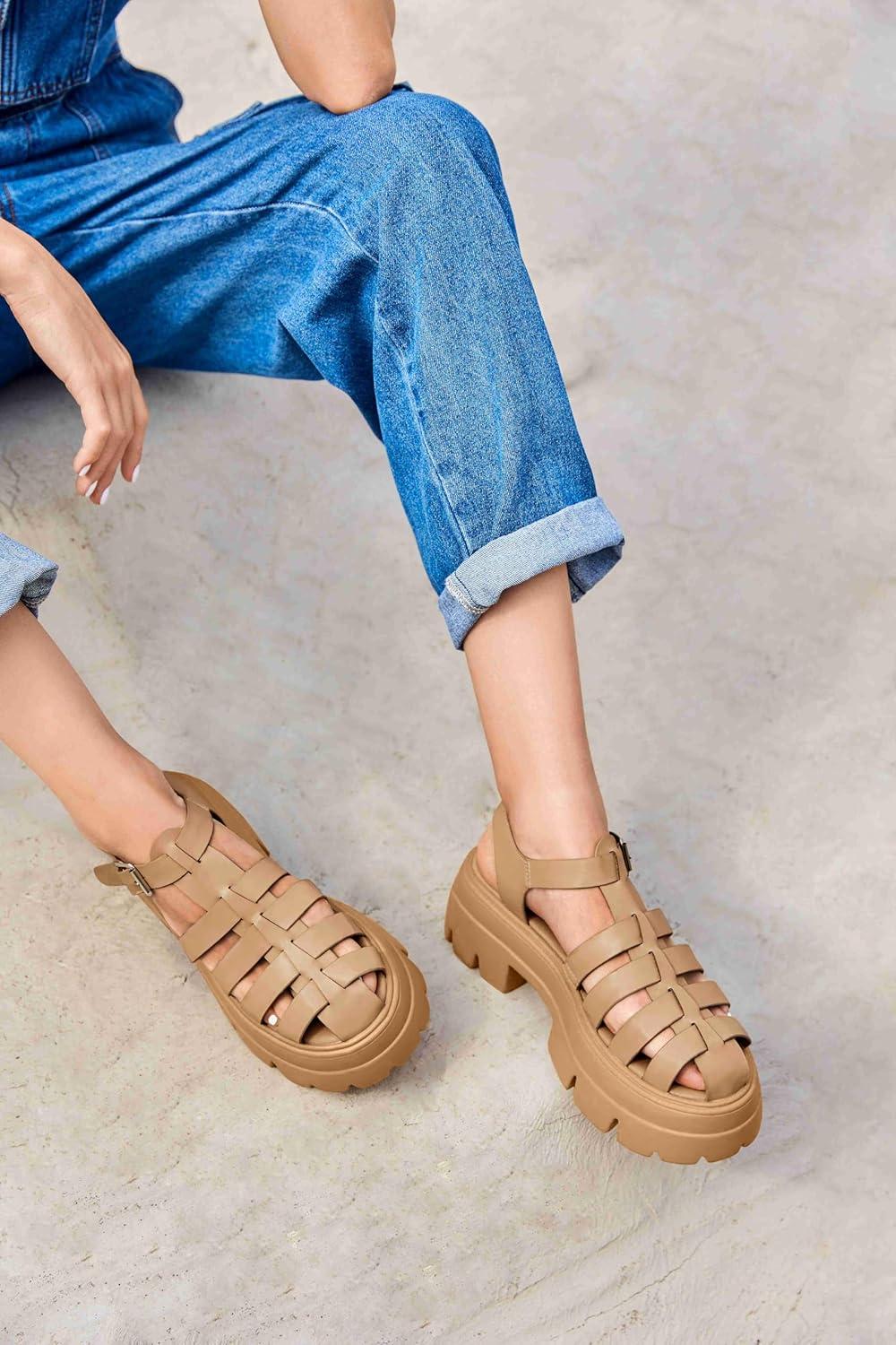 image:imageCoutgo Womens Platform Chunky Heels Sandals Gladiator Ankle Strap Heels Lug Sole Summer Fisherman Y2K ShoesLight Brown
