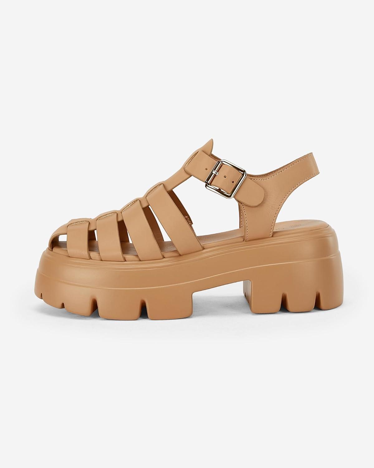 image:imageCoutgo Womens Platform Chunky Heels Sandals Gladiator Ankle Strap Heels Lug Sole Summer Fisherman Y2K ShoesLight Brown