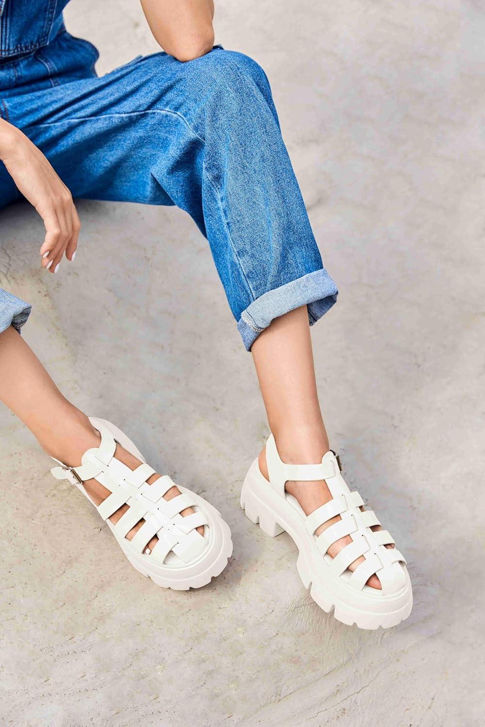 image:imageCoutgo Womens Platform Chunky Heels Sandals Gladiator Ankle Strap Heels Lug Sole Summer Fisherman Y2K ShoesWhite