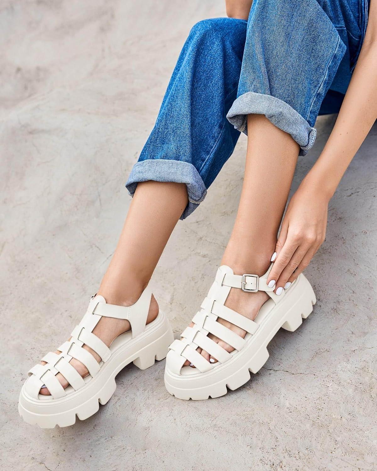 image:imageCoutgo Womens Platform Chunky Heels Sandals Gladiator Ankle Strap Heels Lug Sole Summer Fisherman Y2K ShoesWhite